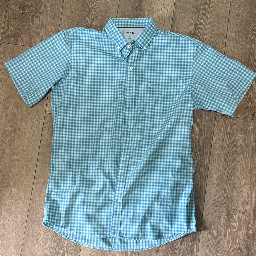 Izod Men's Aqua Checkered plaid Button Down Shirt